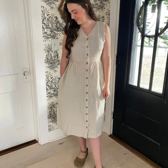 LinenbyMN Linen V Neck Button Midi Dress Light Beige Small - Picture 4 of 7